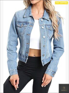 Cropped Denim Jacket Classic Fit Button Down Long Sleeve Chic Casual Shacket